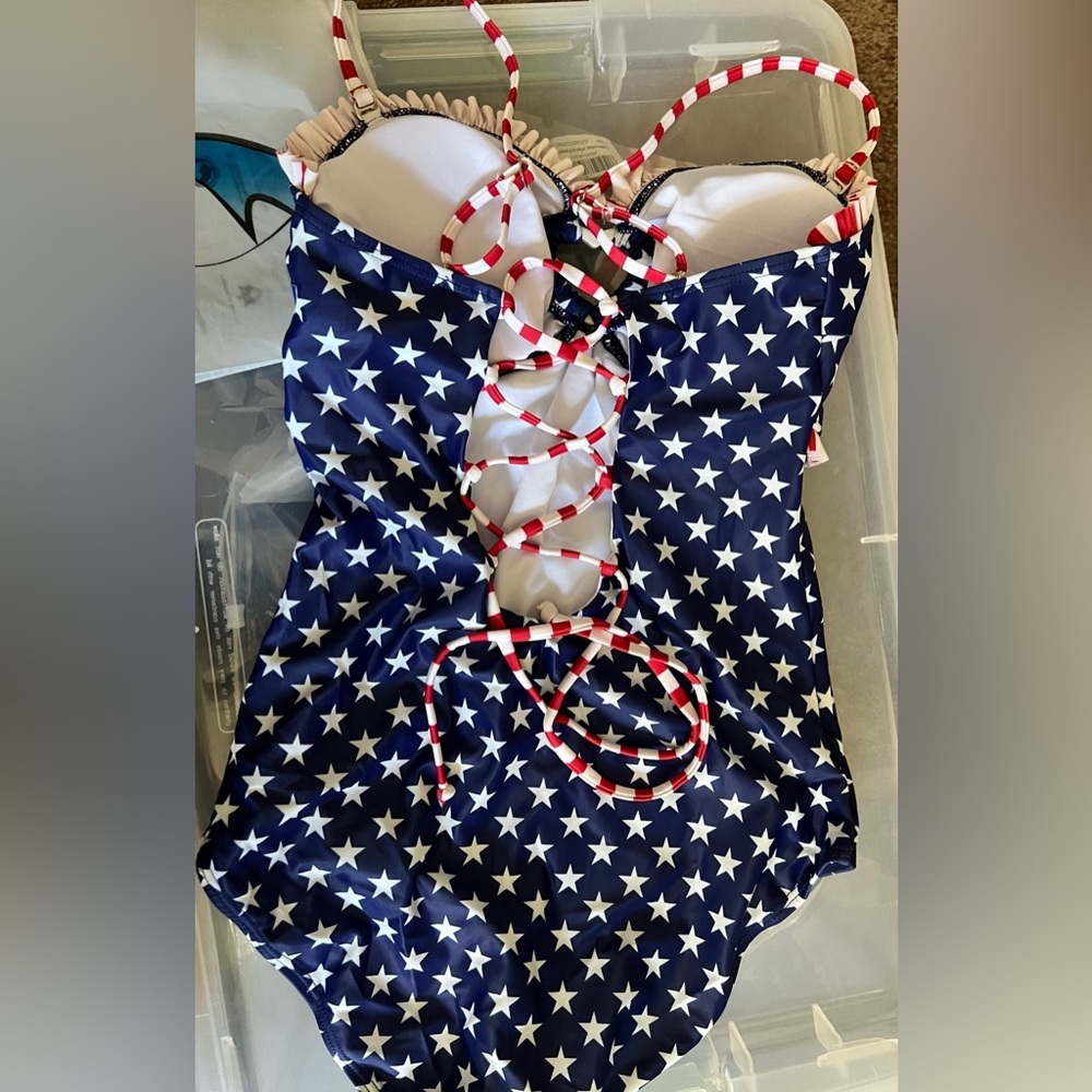 American Flag Stars Stripes Bandeau Ruffle Trim Swimsuit with Removable Straps - Picture 8 of 12
